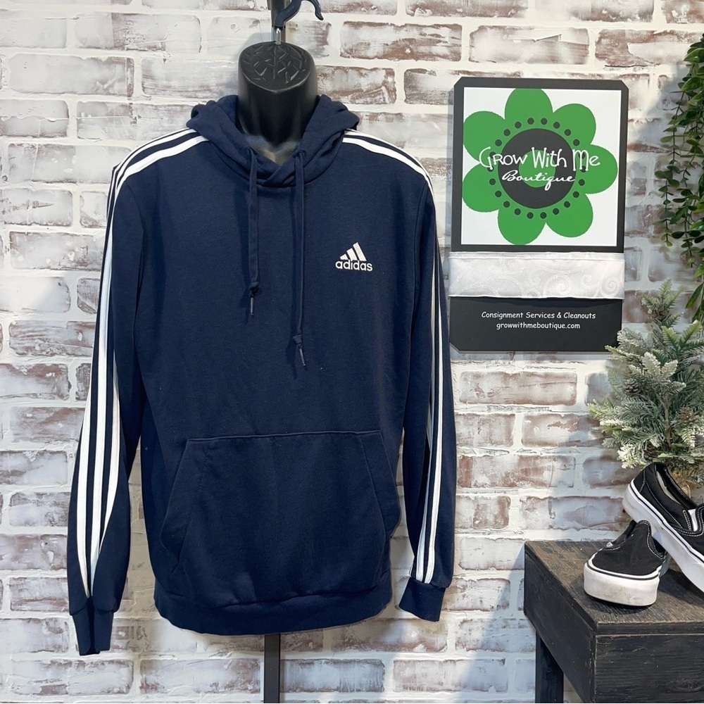 Adidas Men's Dark Blue Hoodie with White Stripes medium